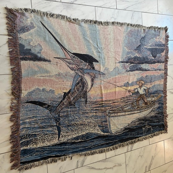 Guy Harvey Other - Rare Guy Harvey Marlin Fisherman Woven Throw Blanket Fringe Tapestry Apprx 70x50